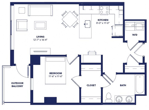 Floor plan for 1 bed, 1 bath, 789 sqft